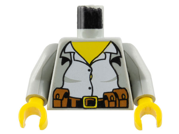 Lego Torso Female Jacket Open over White Shirt with Buttons, Black and Brown Belt with Pouches and Buckle, Yellow Neck Pattern / Light Gray Arms / Yellow Hands