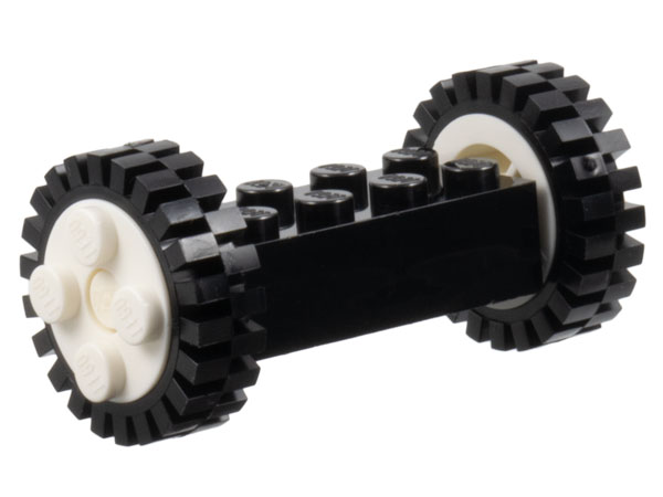 Lego Brick, Modified 2 x 4 with White Wheels FreeStyle and White Pins with 2 Black Tire 24mm D. x 8mm Offset Tread - Interior Ridges (4180c03 / 3483)