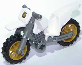 Lego Motorcycle Dirt Bike with Flat Silver Chassis and Pearl Gold Wheels with Gold Badge Pattern (Sticker) - Set 60137