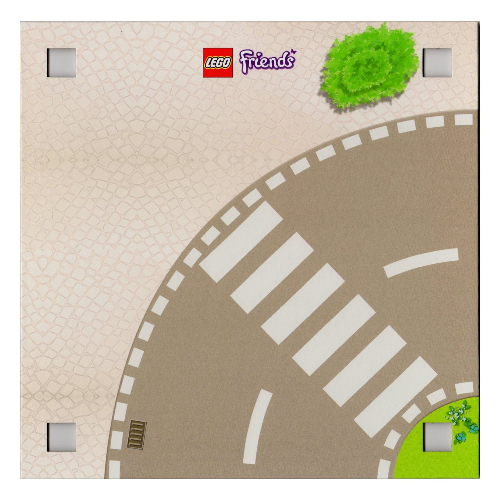 Lego Baseplate with 4 Square Corner Holes and Curved Road with Crosswalk / Garden With Tiled Area Print / [No Color/Any Color]