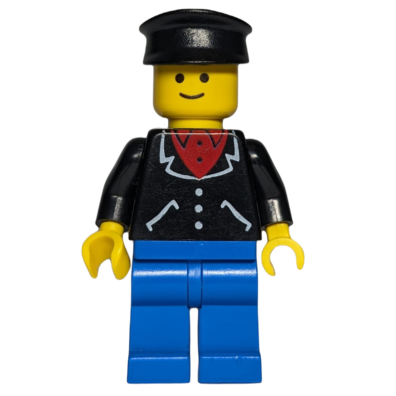 Lego Man, Open Black Jacket over Red Shirt, Blue Legs, Black Cap