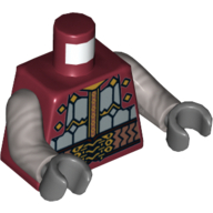 Lego Torso Armor, Copper Belt with Gold Bindings and Red Straps Print, Flat Silver Arms, Dark Bluish Gray Hands / Dark Red