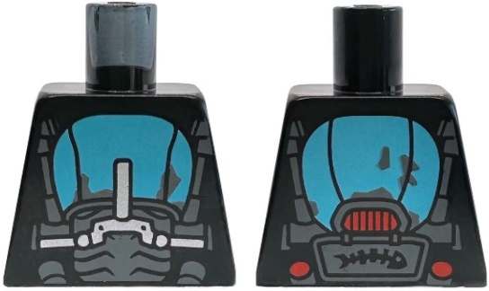 Lego Torso Dark Bluish Gray Tire and Mechanical Frame, Silver Handlebars, Medium Azure Mudguard, Fish Bones and Red Taillights on Back Pattern