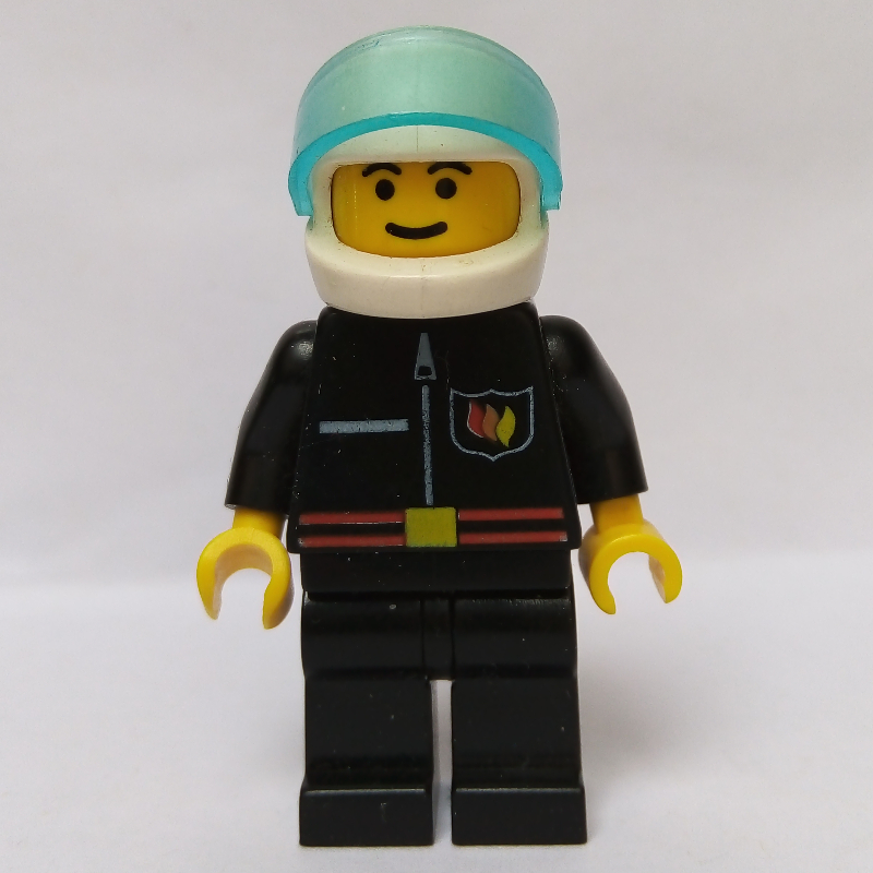 Lego Fireman, Black Fire Jacket with Red Belt and Badge, White Helmet with Visor