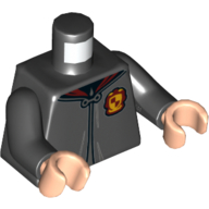 Lego Torso Robe Clasped, with Dark Red Collar and Gryffindor Crest Print, Black Arms, Light Nougat Hands / Black