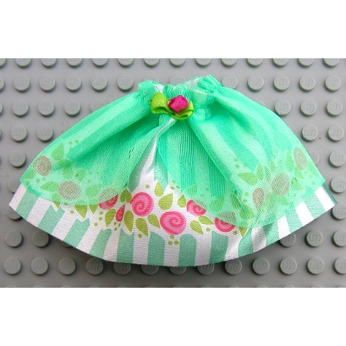 Lego Belville, Skirt, Girl, Long with Light Green Stripes and Roses Print / Medium Green