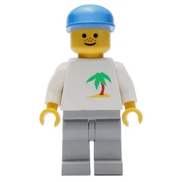 Man, White Top with Desert Island, Light Gray Legs, Blue Cap