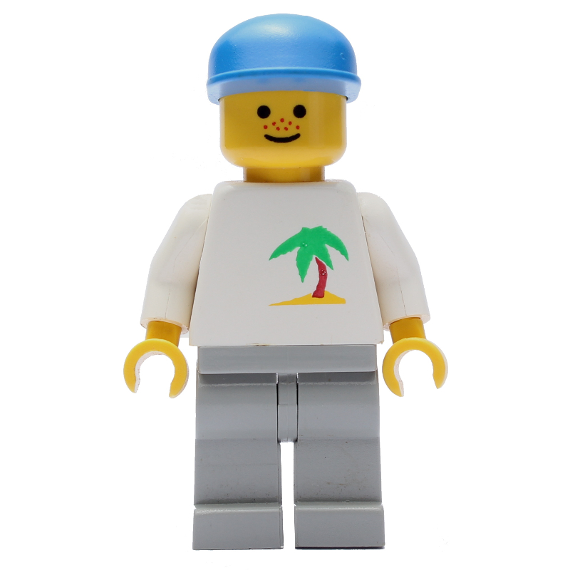 Lego Man, White Top with Desert Island, Light Gray Legs, Blue Cap