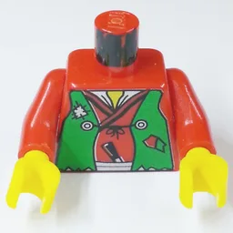 Torso, Vest Green Tattered / LEGO Logo on Back Print (Robber), Red Arms, Yellow Hands / Red