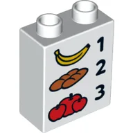 Duplo Brick 1 x 2 x 2 with Banana, Baguettes, Apples, '1', '2', and '3' Print / White