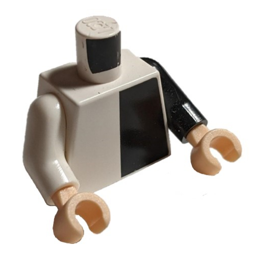 Lego Torso, Odd Arms, Shirt with Black Half Panel Print, Left Black Arm, Right White Arm, Light Nougat Hands / White
