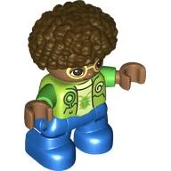 Duplo Figure Child, Afro Dark Brown, Blue Legs, Green Bug on Shirt, Bright Light Yellow Glasses Print / Lime