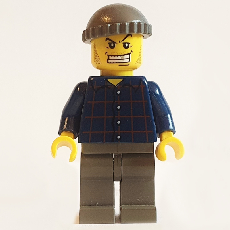 Lego Criminal, Dark Blue Plaid Shirt, Dark Gray Hat, Gold Tooth