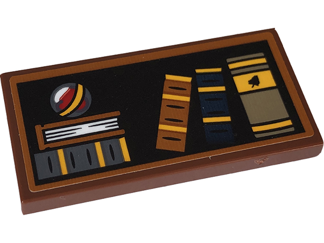 Lego Tile, Modified 2 x 4 Inverted with Books with Dark Orange Frame on Black Background Pattern (Sticker) - Set 76409