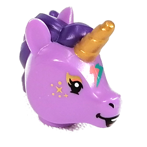 Lego Minifig Head Special, Unicorn with Gold Horn, Dark Purple Mane, Dark Turquoise/Coral Lightning Bolt Print / Medium Lavender