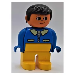 Duplo Figure, Early, with Short Parted Hair Black, Yellow Legs, Jacket with Zipper and Fur Collar Print / Blue