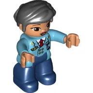 Duplo Figure with Thick Short Hair Combed over Forehead and Bun Black, Pilot, Dark Blue Legs, Medium Azure Top with Red Tie / Medium Azure