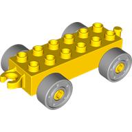 Lego Duplo Car Base 2 x 6 with Fake Bolts, Open Hitch End and Light Bluish Gray Wheels / Yellow