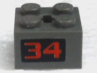 Lego Hinge Brick 2 x 2 Locking with 2 Fingers Vertical and Axle Hole with Red '34' on Black Background Pattern (Sticker) - Set 4589