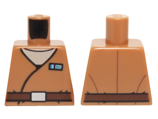 Lego Torso SW Vest Robe with Reddish Brown Belt and Blue Name Badge over Tan Undershirt Pattern