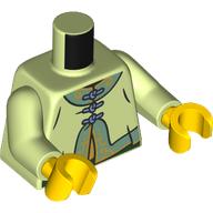 Lego Torso, Chines Tunic, Sand Blue Collar/Trim, Sand Blue Laces, Gold Decorations print, Yellowish Green Arms, Yellow Hands / Yellowish Green