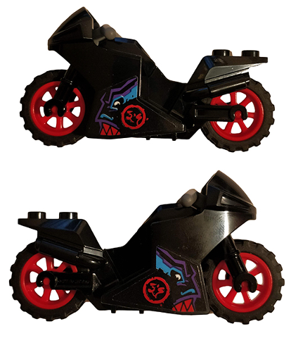 Lego Motorcycle Sport Bike with Black Frame, Red Wheels and Dark Bluish Gray Handlebars with Red Ninjago Logogram 'DS' Circle, Dragon Pattern on Both Sides (Stickers) - Set 70638