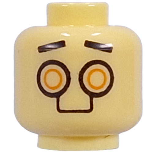 Lego Minifig Head Black Eyebrows, Gold Droid Eyes, Metal Plating on Back, Orange Triangle Symbol / Bright Light Yellow