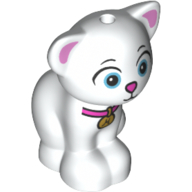 Lego Animal, Cat, Sitting with Dark Pink Ears, Nose, Collar with Gold Hanger Blue Eyes Print / White