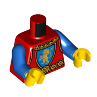 Lego Torso Armor, Gold Lion on Blue Field Crest, Gold Collar, Belt print, Blue Arms, Yellow Hands / Red