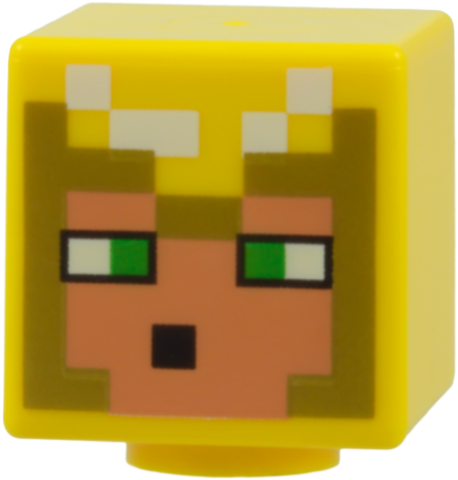Lego Minifigure, Head, Modified Cube with Pixelated Nougat Face, Green Eyes, Gold Helmet, Black Mouth, and White Highlights Pattern (Minecraft Undying Protector)