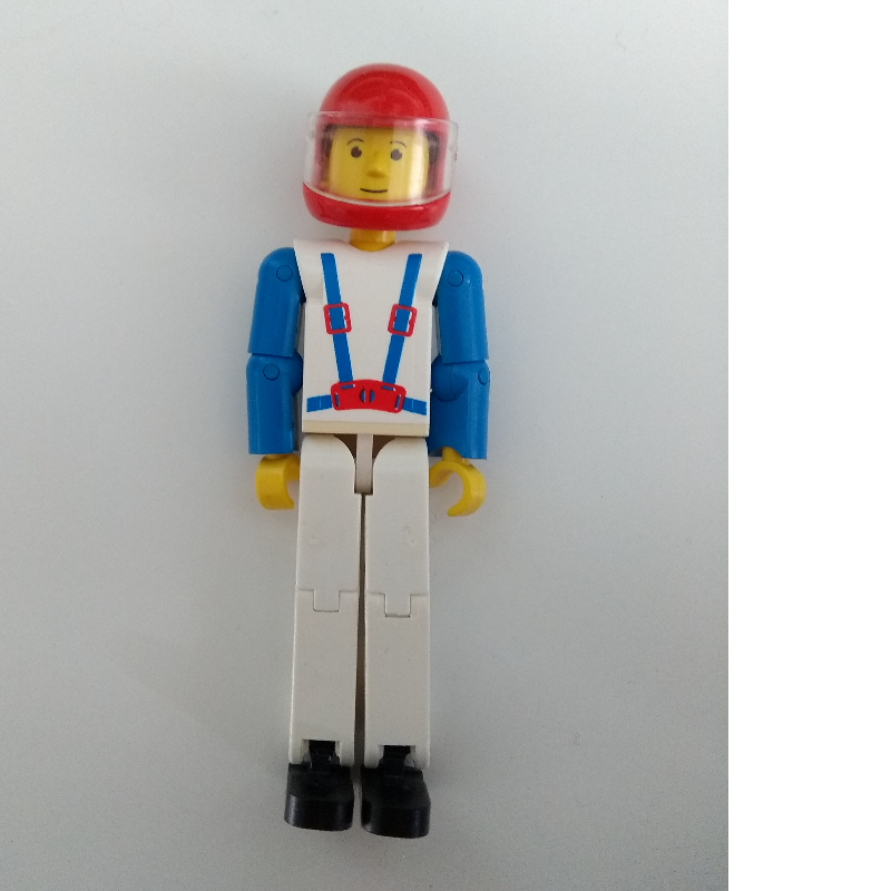 Lego Technic Figure White Legs, White Top with Blue Braces Print, Blue Arms, Red Helmet