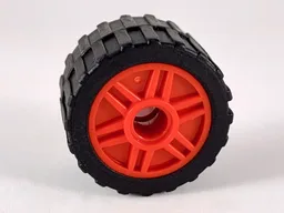 Wheel 18mm D. x 14mm with Pin Hole, Fake Bolts and Shallow Spokes with Black Tire 24 x 14 Shallow Tread, Band Around Center of Tread (55981 / 89201) / Red
