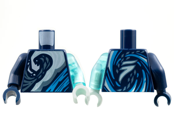 Lego Torso White, Metallic Light Blue, Dark Azure Wave Pattern / Trans-Light Blue Arm Left / Dark Blue Arm Right / Light Aqua Hand Left / Dark Blue Hand Right