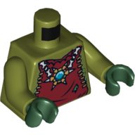 Lego Torso Dark Red Vest with Star Shaped Necklace with Blue Round Jewel (Chi), Back with Gold Crocodile Jaws Print, Olive Green Arms, Dark Green Hands / Olive Green