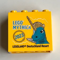 Brick 2 x 4 x 3 with 'LEGOLAND Deutschland Resort 2023 LEGO Mythica' Print / Yellow