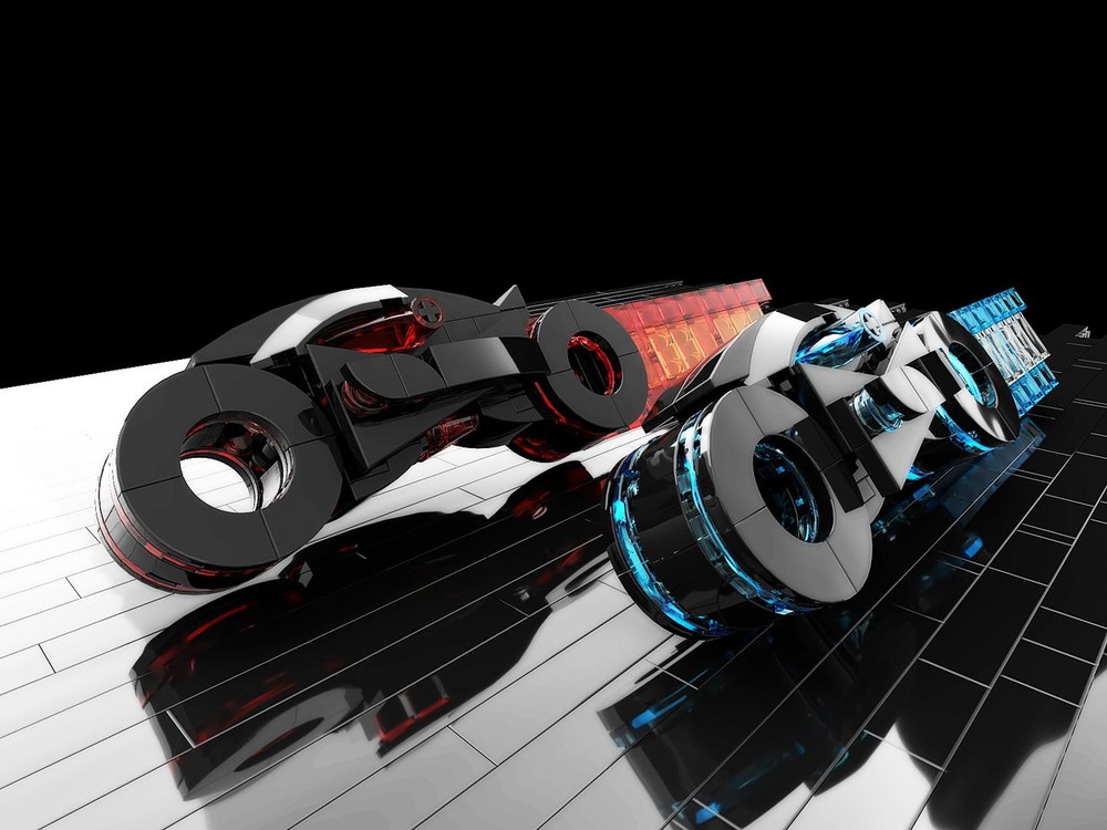 Lego E773 tron-inspired light-cycle minifig scale, red and blue