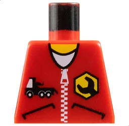 Torso Jacket with Pockets, Zipper, Truck, and Wrench Logo over White Shirt, Yellow Neck Pattern