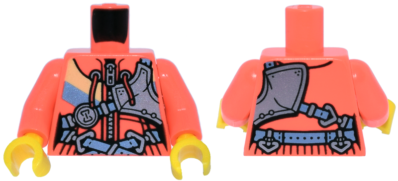 Lego Torso Female Hoodie with Drawstrings, Zipper and Bright Light Yellow and Metallic Light Blue Stripes, Silver Shoulder Armor, Straps with Buckles Pattern / Coral Arms / Yellow Hands