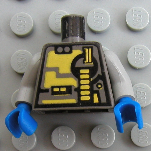 Lego Torso Yellow and Black Panels and Circuitry Print, Light Gray Arms, Blue Hands / Dark Gray