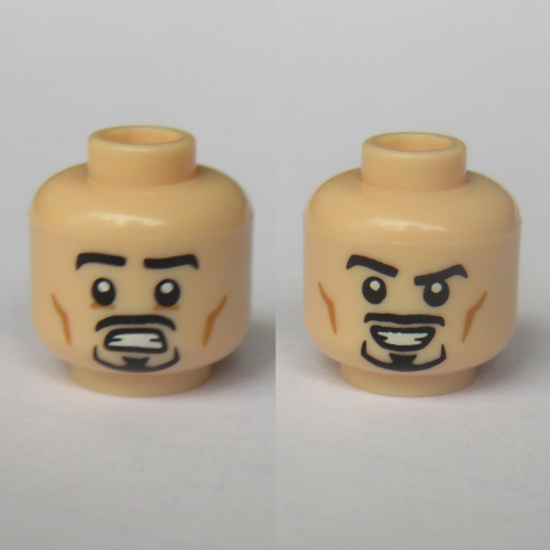Lego Minifig Head Tony Stark (Iron Man), Open Mouth, Mustache, Goatee, Smiling / Scared Print / Light Nougat