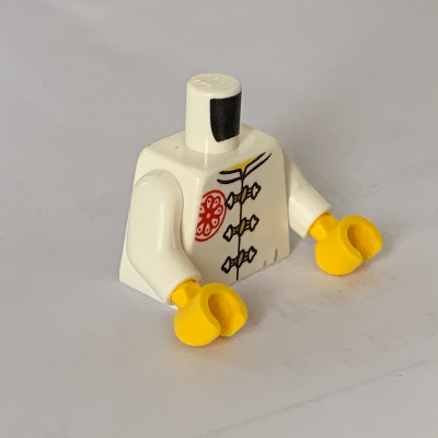Lego Torso Gi with 3 Gold Frog Clasps, Red Flower Symbol on Lapel and Back Print (Teen Wu), White Arms, Yellow Hands / White