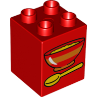 Lego Duplo Brick 2 x 2 x 2 with Bowl and Spoon Print / Red
