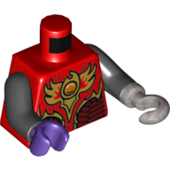 Lego Torso Armor with Dark Red and Gold Armor with Scales and Fire Chi Emblem Print, Black Arms, Dark Purple Hand Right, Flat Silver Hook Left / Red