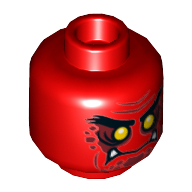 Lego Minifig Head Ash Attacker, Dual Sided, Thick Eyebrows, Yellow Eyes, Dark Red Patches, White Fangs, Closed Mouth / Open Mouth Print [Hollow Stud] / Red