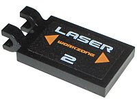 Lego Tile, Modified 2 x 3 with 2 U Clips with White 'LASER 2', Orange 'WORKZONE' and Triangles Pattern (Sticker) - Set 7699
