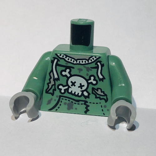 Lego Torso Sweatshirt Tattered with Skull and Crossbones, Laces, Pockets Print (Zombie), Sand Green Arms, Light Bluish Gray Hands / Sand Green