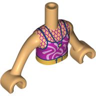 Lego Minidoll Torso Girl with Magenta Dress, Bright Pink Swirls, Dark Blue Straps, Necklace, Gold Belt print, Warm Tan Arms and Hands / Warm Tan