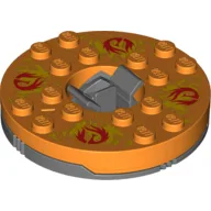 Turntable 6 x 6 Round Dark Bluish Gray Base with Orange Top and Red Flames on Yellow Print (Ninjago Spinner) / Orange