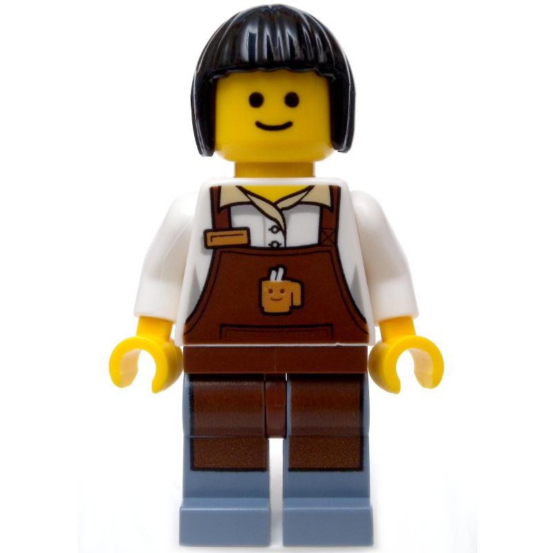 Lego Barista, White Torso, Reddish Brown Apron, Sand Blue Legs, Dark Gray Side Shadows