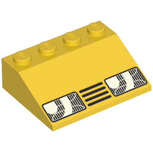 Lego Brick Sloped 33° 3 x 4 with Headlights and Grill Print / Yellow